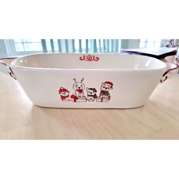 Whimsical Cupboard Ceramic Oblong Christmas Dog Themed Ovenproof Dish NEW 11x8x3 - Picture 2 of 8
